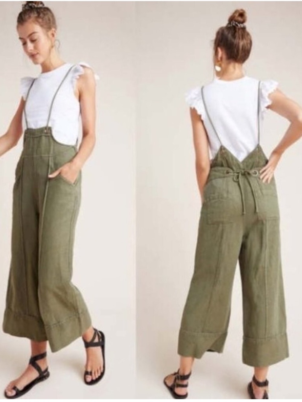 By Anthropologie Hei Hei Asha Olive Green Jumpsuit Romper Wide Leg Overall Sz Sm